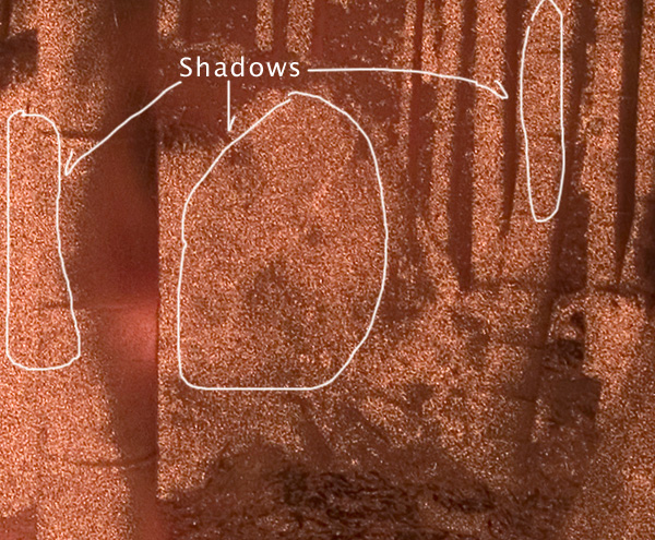 Etched copperplate shadow areas